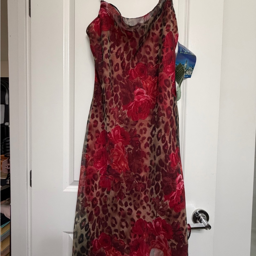 Chic Asymmetrical Leopard Print Dress with Red Floral Design
